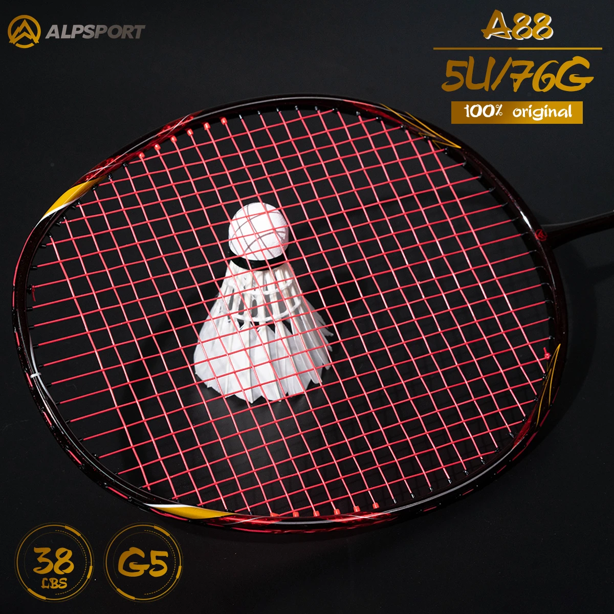 Alpsport A88 5U/78g/G5 공격 & 수비 라켓 배드민턴 라켓 최대 38파운드. (가방 및 스트링 포함) 풀 카본 파이버 + 텅스텐 + 티타늄
