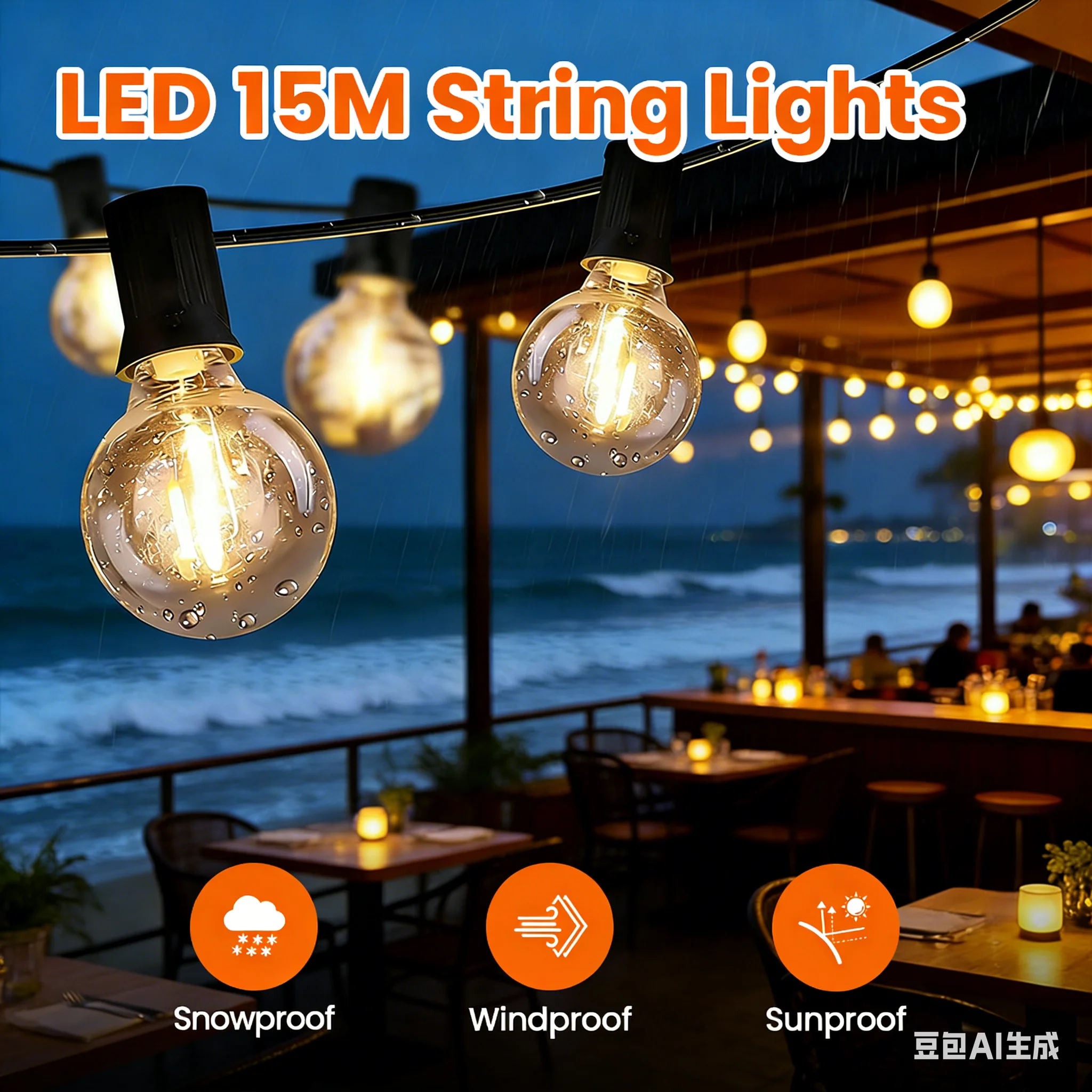 G40 LED 15M Fairy String Lights with 15Bulbs Attachable Indoor/Outdoor String Garland Light for Garden Wedding Party Terraces