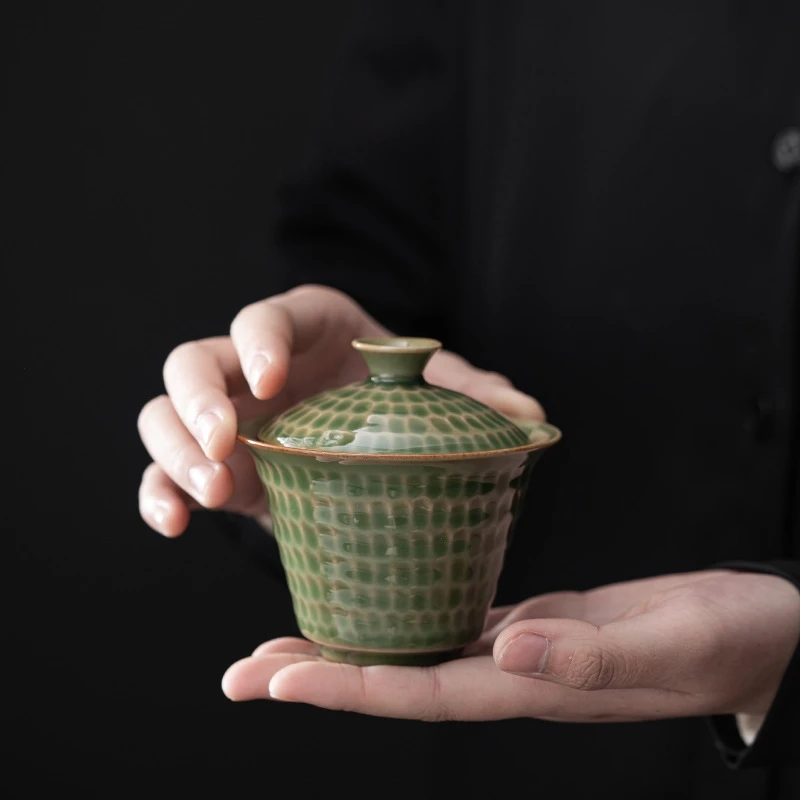 Japanese Style Uneven Green Gaiwan For Tea Porcelain Tureen Teaware Set Tea Bowl Chawan Lily Deng's Store Cup