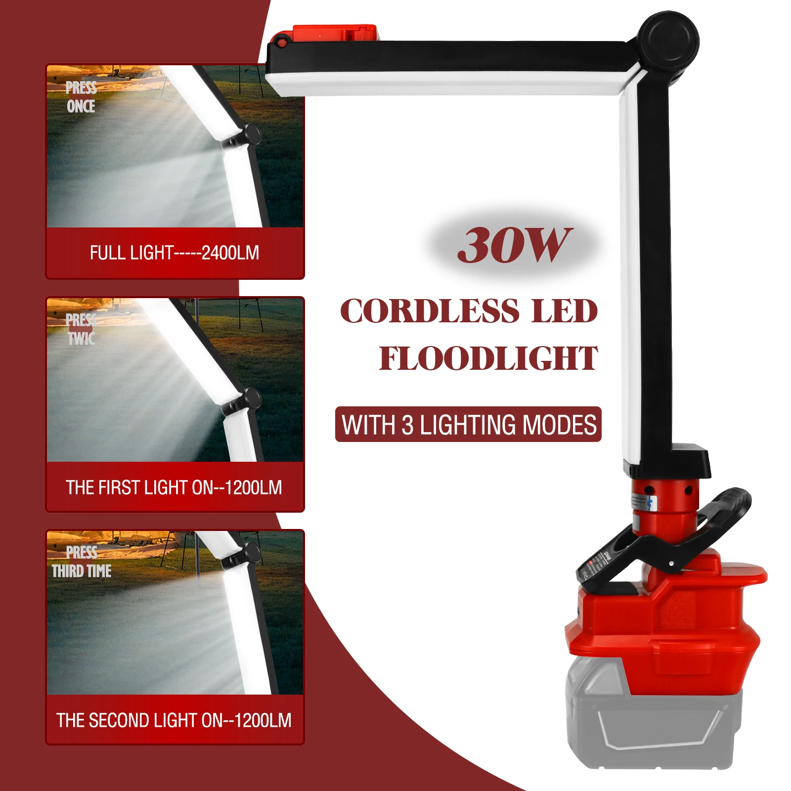 밀워키 18V 배터리 접이식 조명용 30W 2400LM LED 작업 조명 USB 충전 포트가 있는 야외 손전등 토치(배터리 없음)