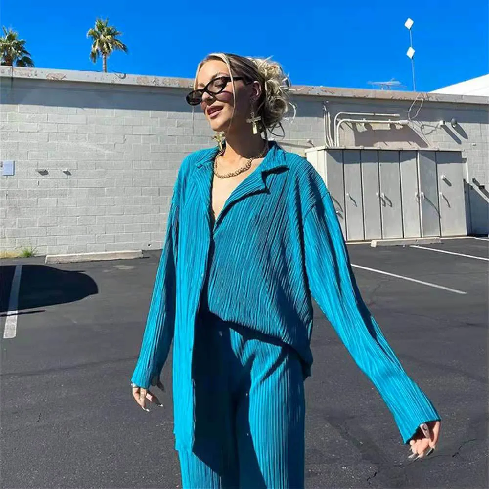 

new Sexy Solid Suit Two Pieces Outfits Office Lady Long Sleeve Lapel Jacket Coat Suits 2022 Women Casual Wide Leg Trousers Set
