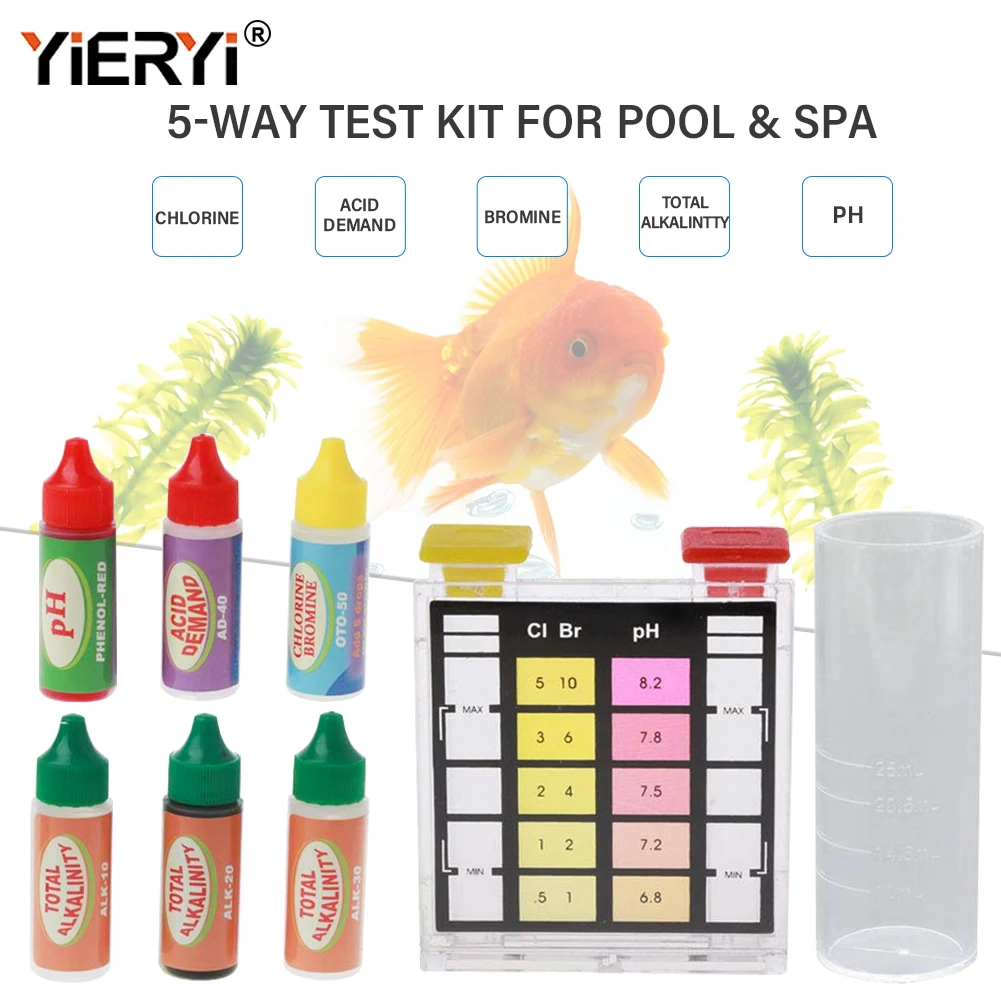 Yieryi 5-in-1-Schwimmbad-Wasserqualitäts-Testkit für Chlor-PH-Säure-Anfrage, Gesamtkalinitätsbrom für die Pool- und SPA-Tests