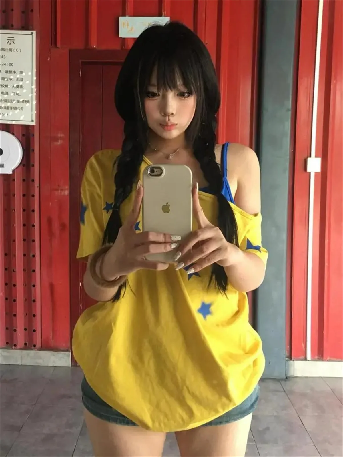 Fashion Yellow Patchwork Women's T-shirt Short Sleeve Summer Tops American Retro Skew Collar Graphic Tee 2000s Clothes Y2k 4