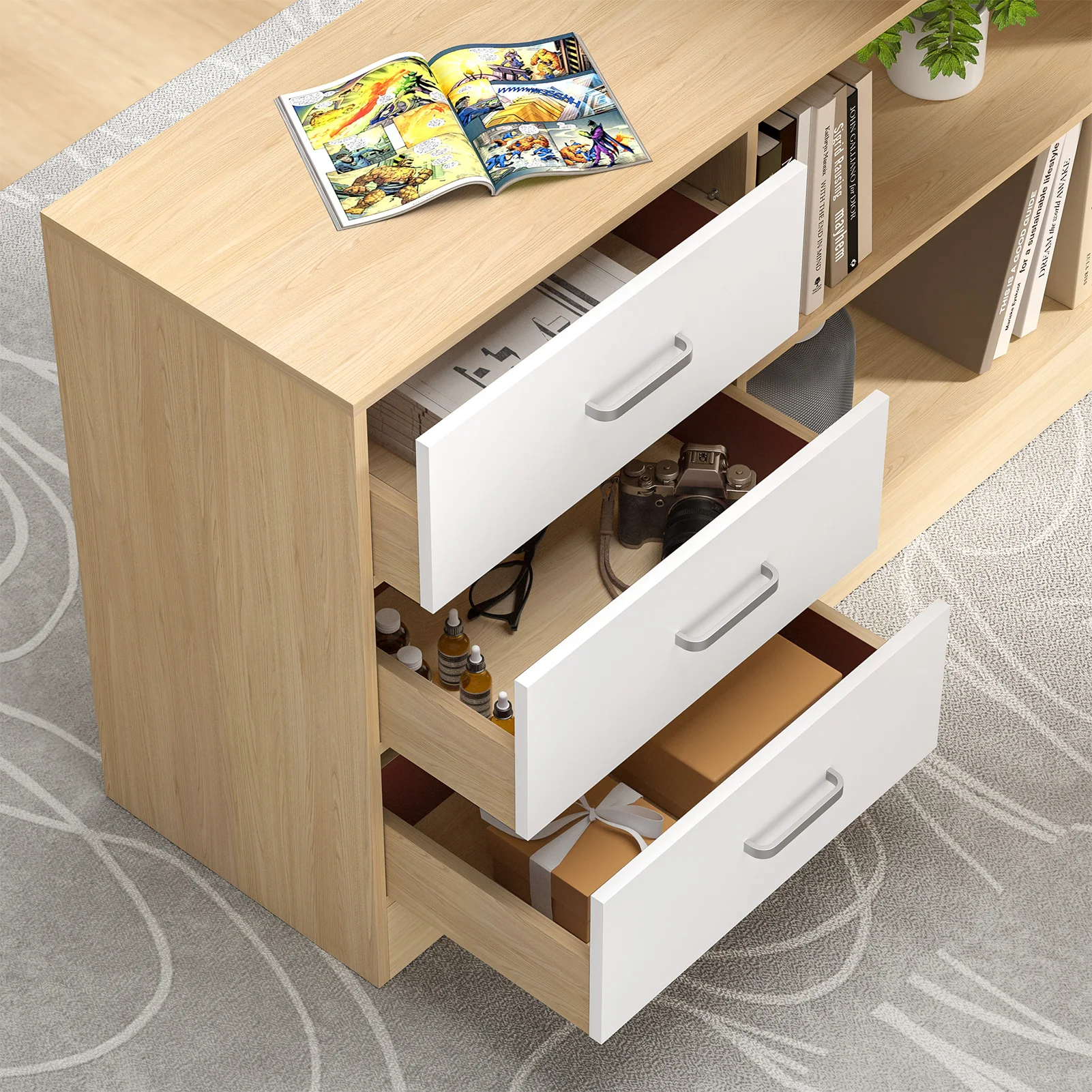 1Pc Writing Desk, Large L-Shaped Workstation Executive Desk with 3 Drawers and 2 Shelves, Corner Computer Desk for Home Office 4