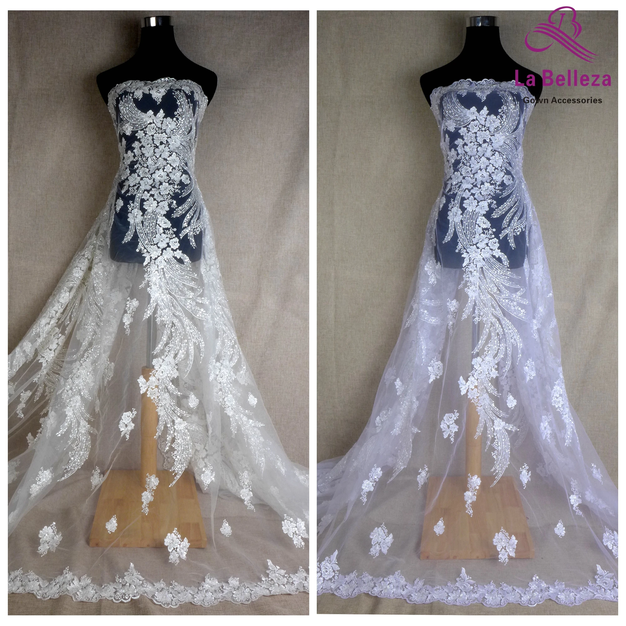 

1 yard white fashion lace fabric,flowers beaded with embroidery silver lace fabric For Wedding dress