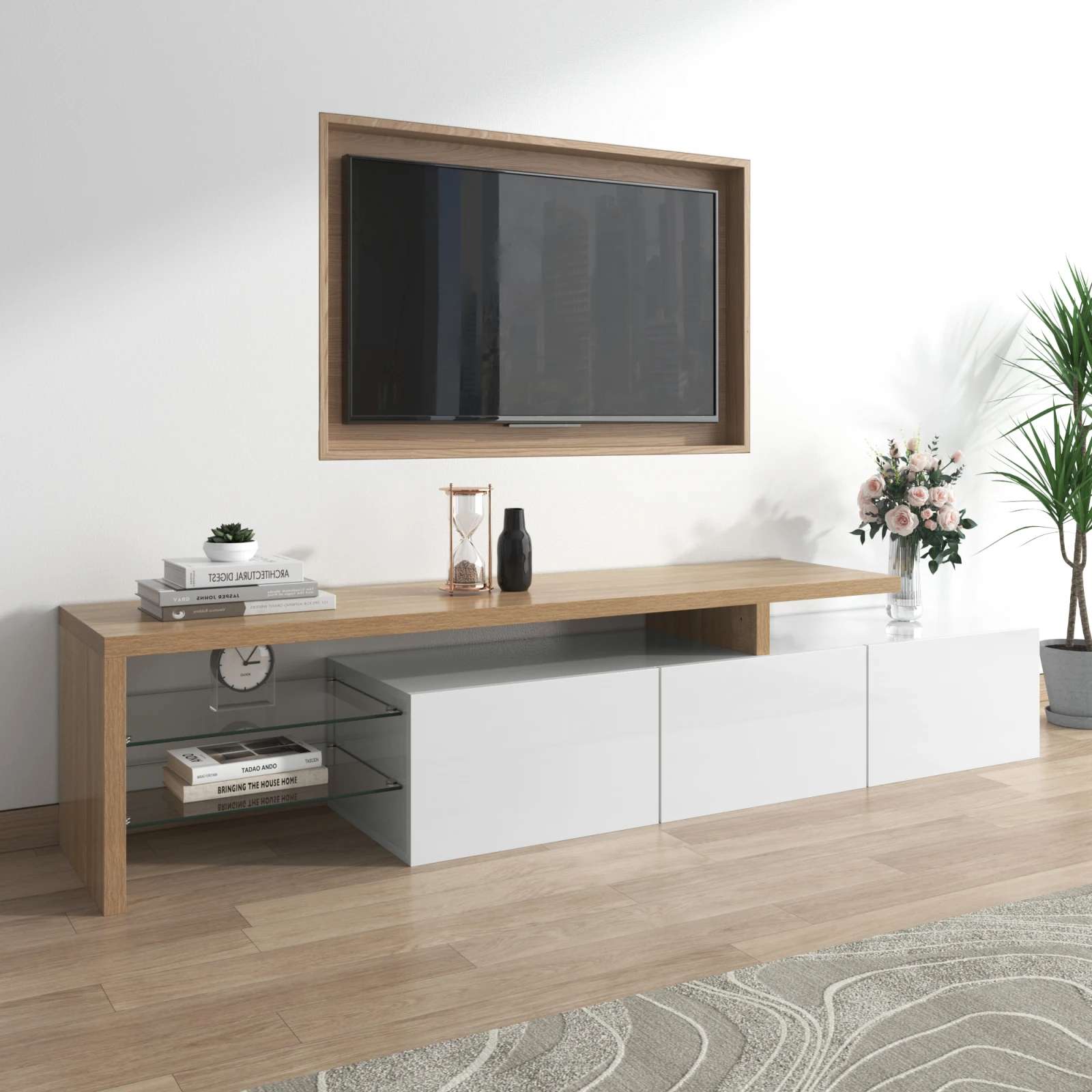 Rosahqnda Moderner TV-Schrank mit LED-Beleuchtung, stilvoller Eleganz-TV-Ständer mit Stauraum, Hochglanz- und Holzoptik, Glasregale – Detail 6