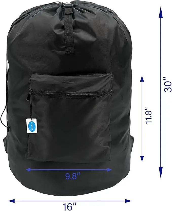 XL heavy-duty laundry backpack with drawstring closure. Ideal for college, travel, or organizing dirty clothes. 4