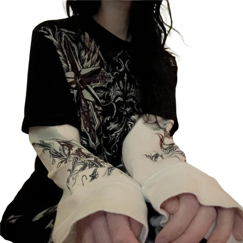 Xingqing Gothic Tops Women Vintage Graphic Print Patchwork Long Sleeve T Shirts y2k Dark Academia Aesthetic Clothes Streetwear