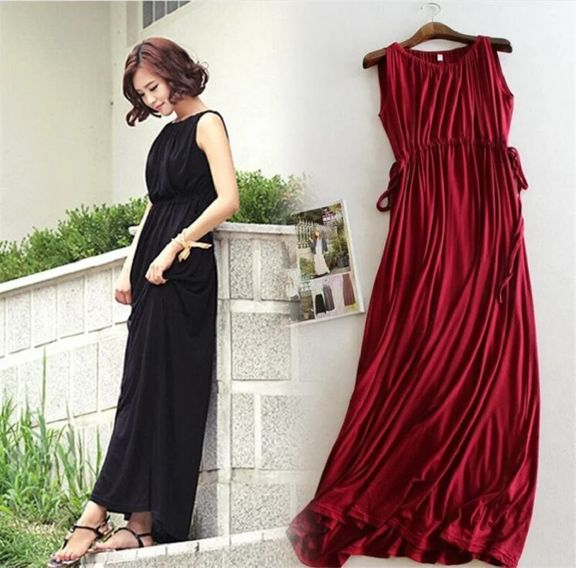 Pleated Maternity Clothes Drawstring Long Beach Dress Vestido Female Women Sleeveless Formal Dresses Skirts Pregnancy Clothing