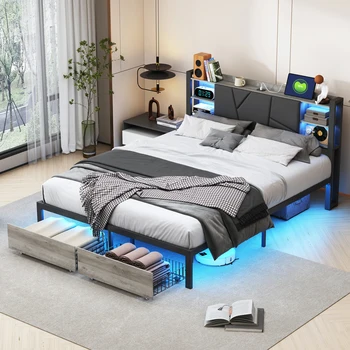 Letto matrimoniale Rosahqnda, letto funzionale, LED e ricaricabile tramite USB, 2 cassetti, testiera e contenitore, camera da letto, letto con struttura in ferro, nero 1
