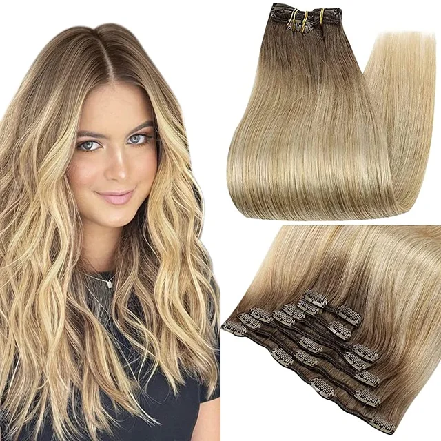 Full Shine Clip In Human Hair Extensions Balayage Ombre Blonde Black Hairpins 7pcs 120g Double Weft 100% Machine Remy For Woman 6 27 60