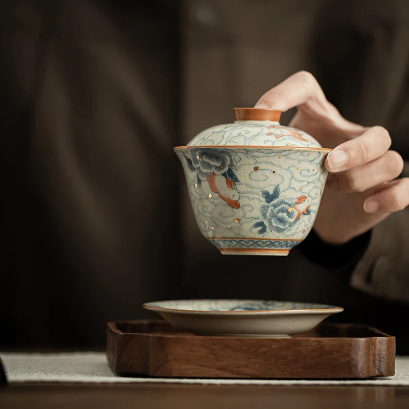 100ml Ru Yao Small Gaiwan Set For Tea Ceramic Opening Chinese Tureen Cloud Tea Bowl Kung Fu Rabbit Chawan Cups Lily Deng