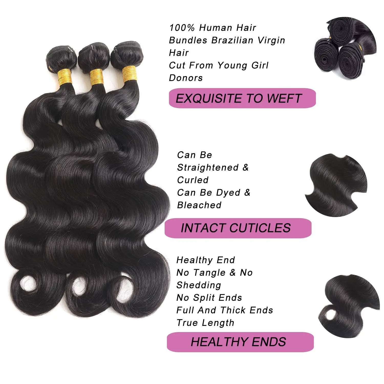 Body Wave Human Hair Bundles 1/3 Bundles Virgin Hair Brazilian Weave Extensions 100% Human Soft