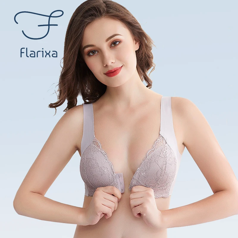 

Flarixa 1/2/3PCS Plus Size Front Buckle Bra Without Bones Women's Lace Underwear Push Up Bra Backless Bralette Top Sexy Lingerie