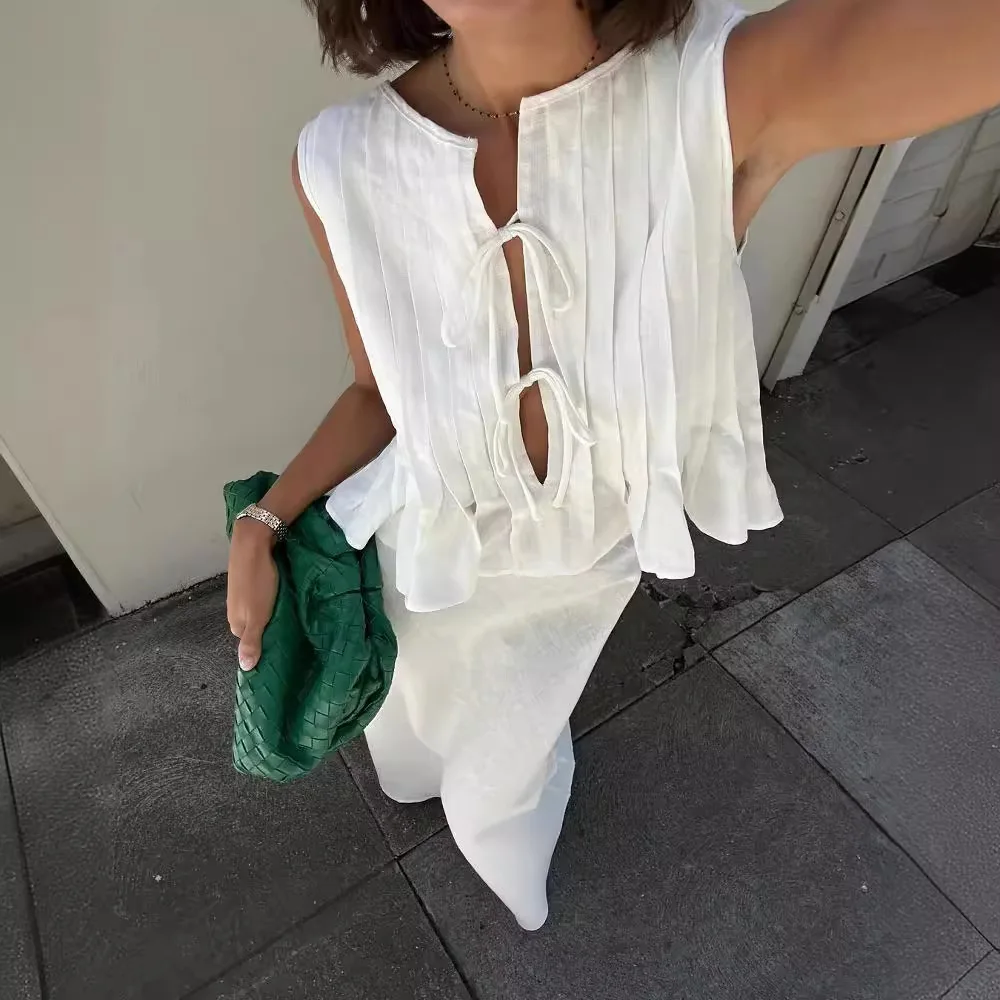 Folded Ruffles Lace Up Top Skirt Suits Women White Elegant O Neck Chic Long Skirts 2 Piece Set Casual Female Outfits Streetwear