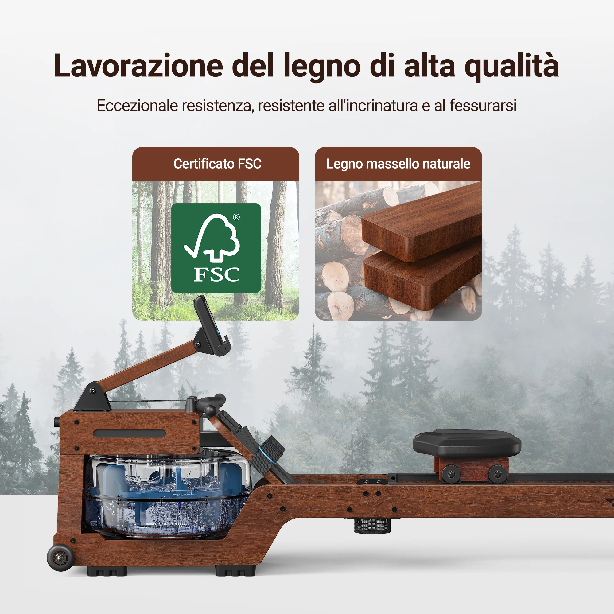 Vogatore Ad Acqua MERACH Per Casa - Legno Massello, Monitor Bluetooth, Porta Tablet - Foto 7