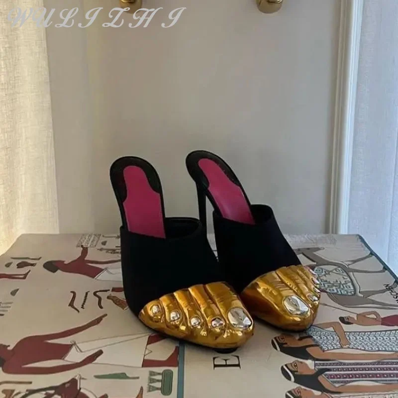 Gold Toe Five Finger High Heels 2024 Women Fashion Stiletto Metal Slippers Dress Shoes Sheep Suede Elegant Sandals Summer
