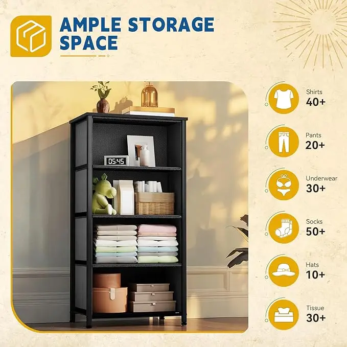 4-Drawer Fabric Dresser, Sturdy Steel Frame, Wooden Top, Easy Pull Fabric Bins, Ideal for Bedroom, Closet, or Living Room 5