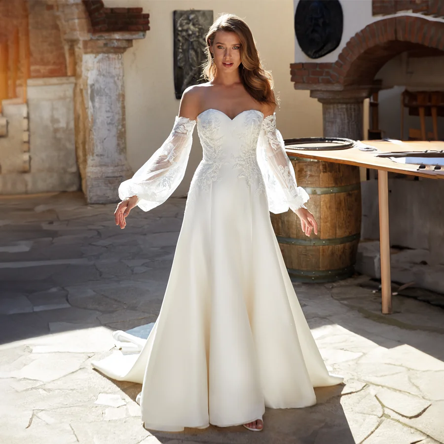 

Delicate Satin A-line Wedding Dress with Removable Long Puffy Sleeves Timeless V-neckline Applique Bridal Gown with Court Train