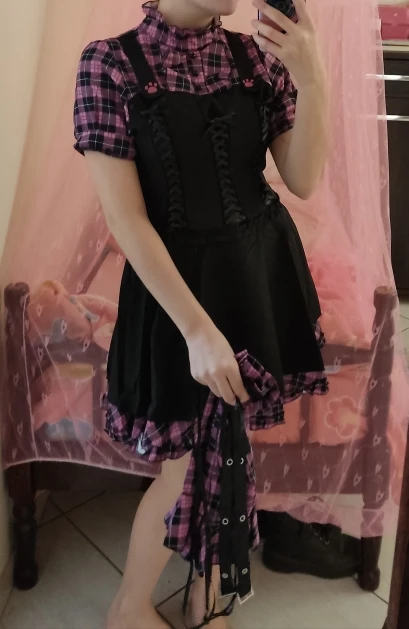 Vestido midi xadrez manga curta lolita rosa