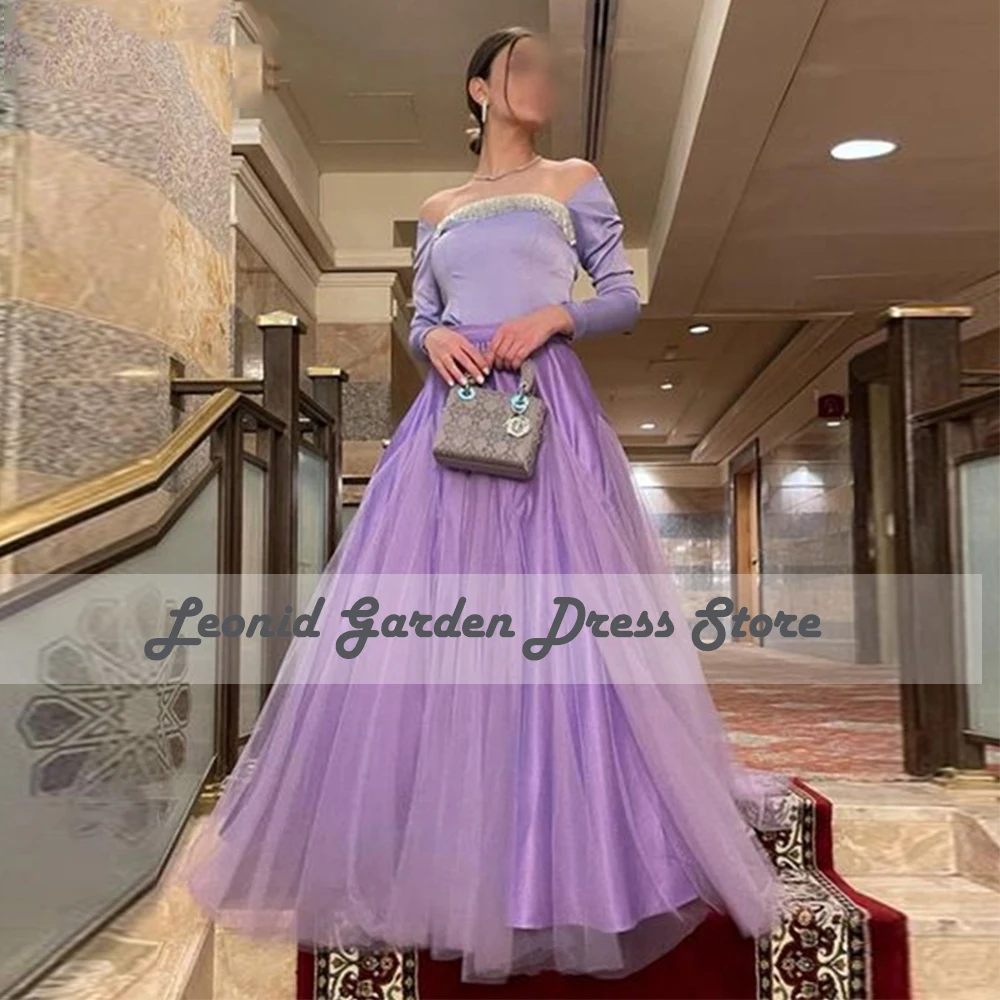 

Purple Tulle 2022 Party Dresses Off Shoulder Beaded Elegant Evening Dress A-Line Elegant Long Sleeves Floor Length فستان سهرة