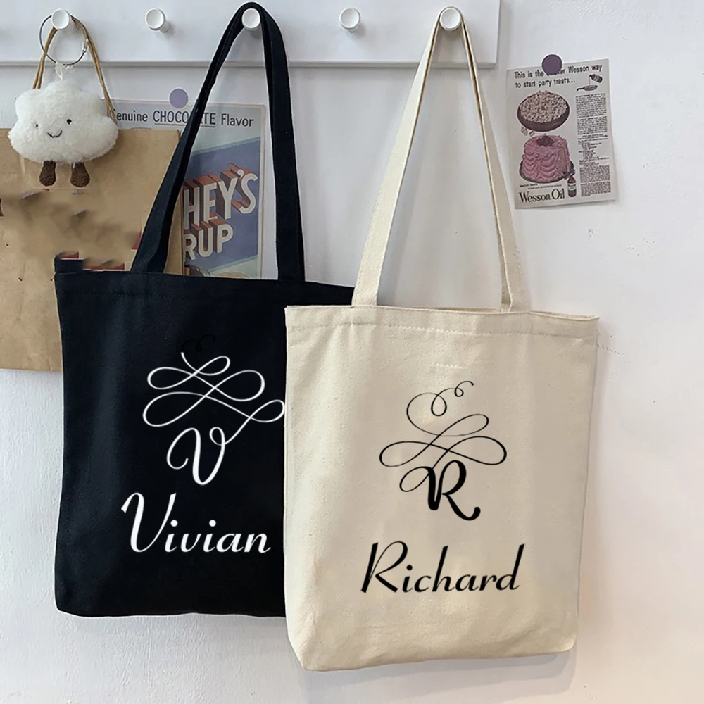 Flower Letter Print Canvas Tote Bag Casual Tote Bag Large Capacity Reusable Women's Shoulder Bag Fashion Shopping Bag