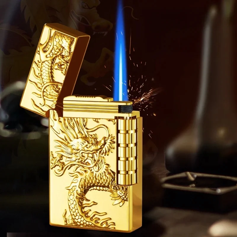 

New Longsheng Relief Dragon Lighter Direct Charge Windproof Blue Flame Inflatable Lighter Outdoor Barbecue Cigar Gift for Men