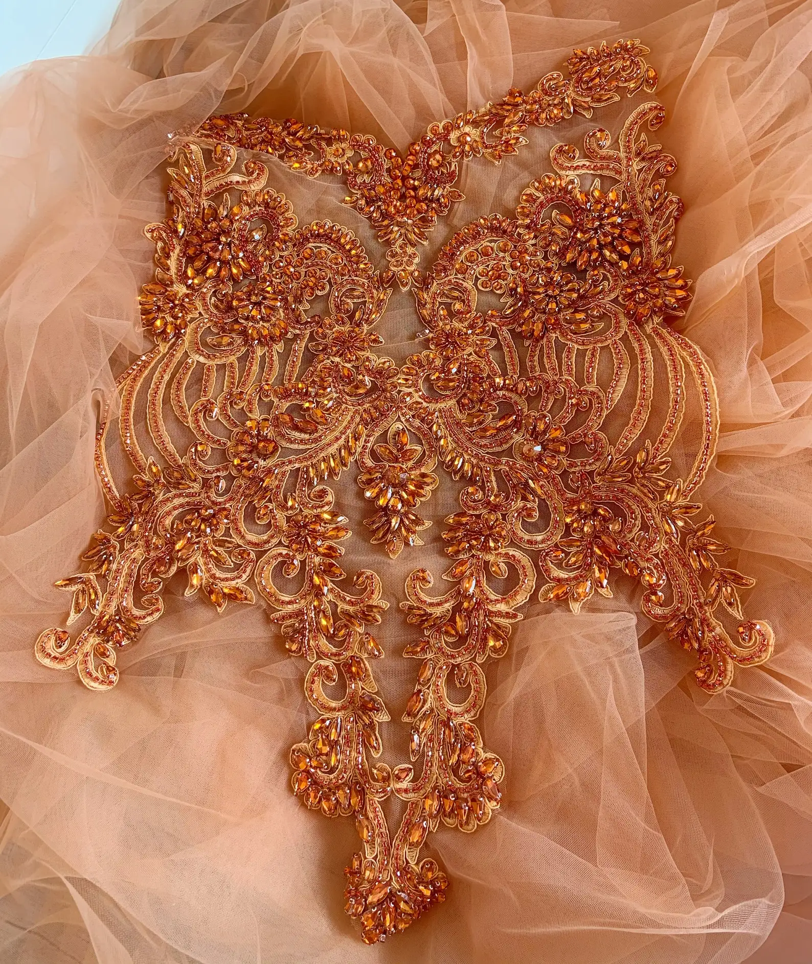 

Orange Handmade Bodice Applique Rhinestones Diy Patches Clothes Sew on For Wedding Dress Costumes Couture Decorations Applique