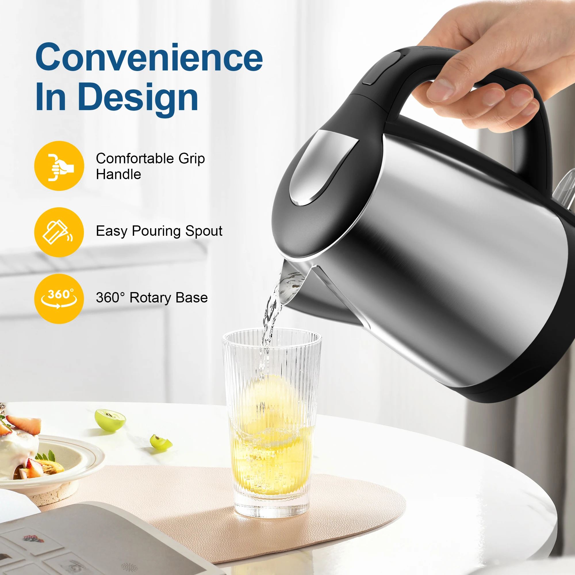 Electric Tea Kettle - CACHOO 1.7L Stainless Steel Electric Kettle with LED Indicator, Fast Boil Hot Water Boiler 3
