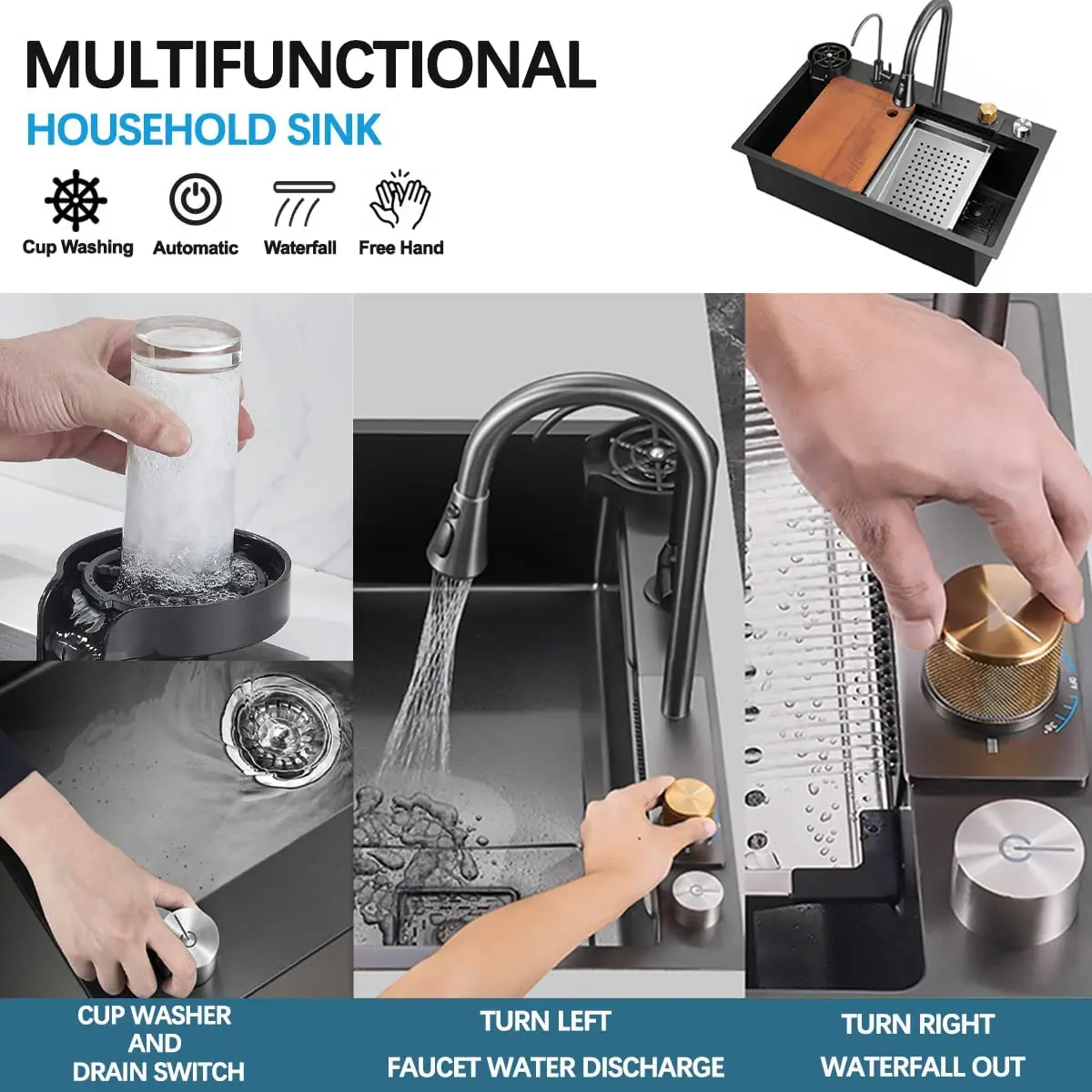 Nano Black Flying Rain Drop In Stainless Steel Watefall Kitchen Sink Single Bowl with Pull Down Faucet Se