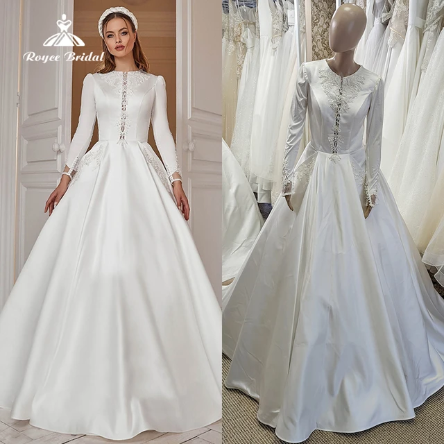 Elegant O Neck Back Button Lace Satin A-Line Muslim Wedding Dress White  Long Sleeve Bride Gowns For Women 2023 Vestidos De Novia - AliExpress