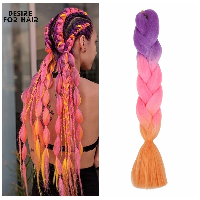 Ombre Synthetic Braiding Hair Extensions 24 Inch Soft Synthetic Crochet Twist Rainbow Hair Pink Purple Braided for Party Event