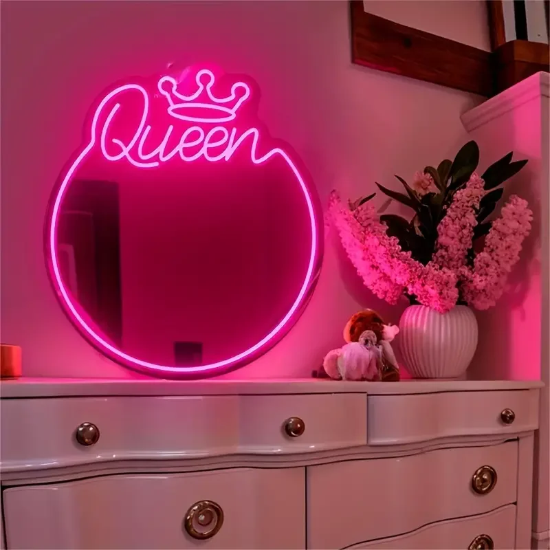 

Неоновые знаки "Queen", неоновые знаки, серебряная зеркальная тарелка для свадебной вечеринки, декоративное зеркало для макияжа, салон красоты, 1 шт.