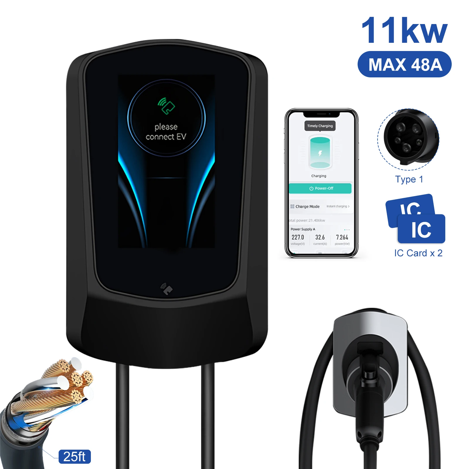Bosdantun Wallbox Ev Caricabatterie Per Auto Elettrica J1772 Type132A 48A 25Ft 4.3/7In Display 6-50Nema Plug Fast Ev Charger App Wifi