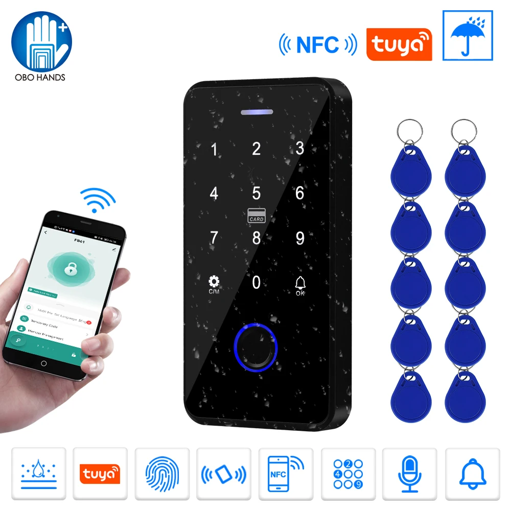 NFC 블루투스 Tuya 앱 액세스 제어 키패드, 방수 RFID 키보드, 생체 지문 터치 백라이트 문짝 오프너, 13.56MHz