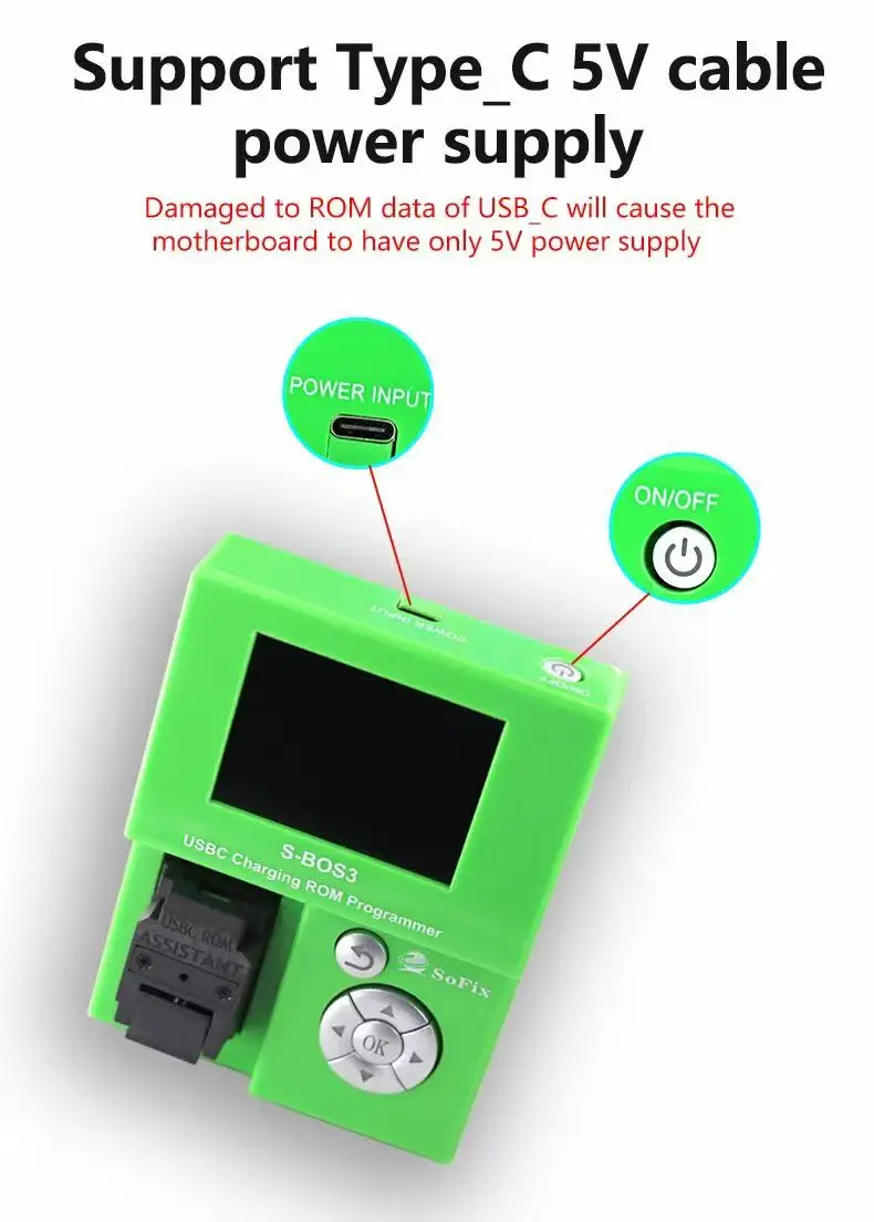 소픽스 S-BOS3 USBC 충전 ROM 프로그래머 맥북 패드 폰 2016-2013 CD3215 CD3217 ROM 데이터 쓰기 수리 도구