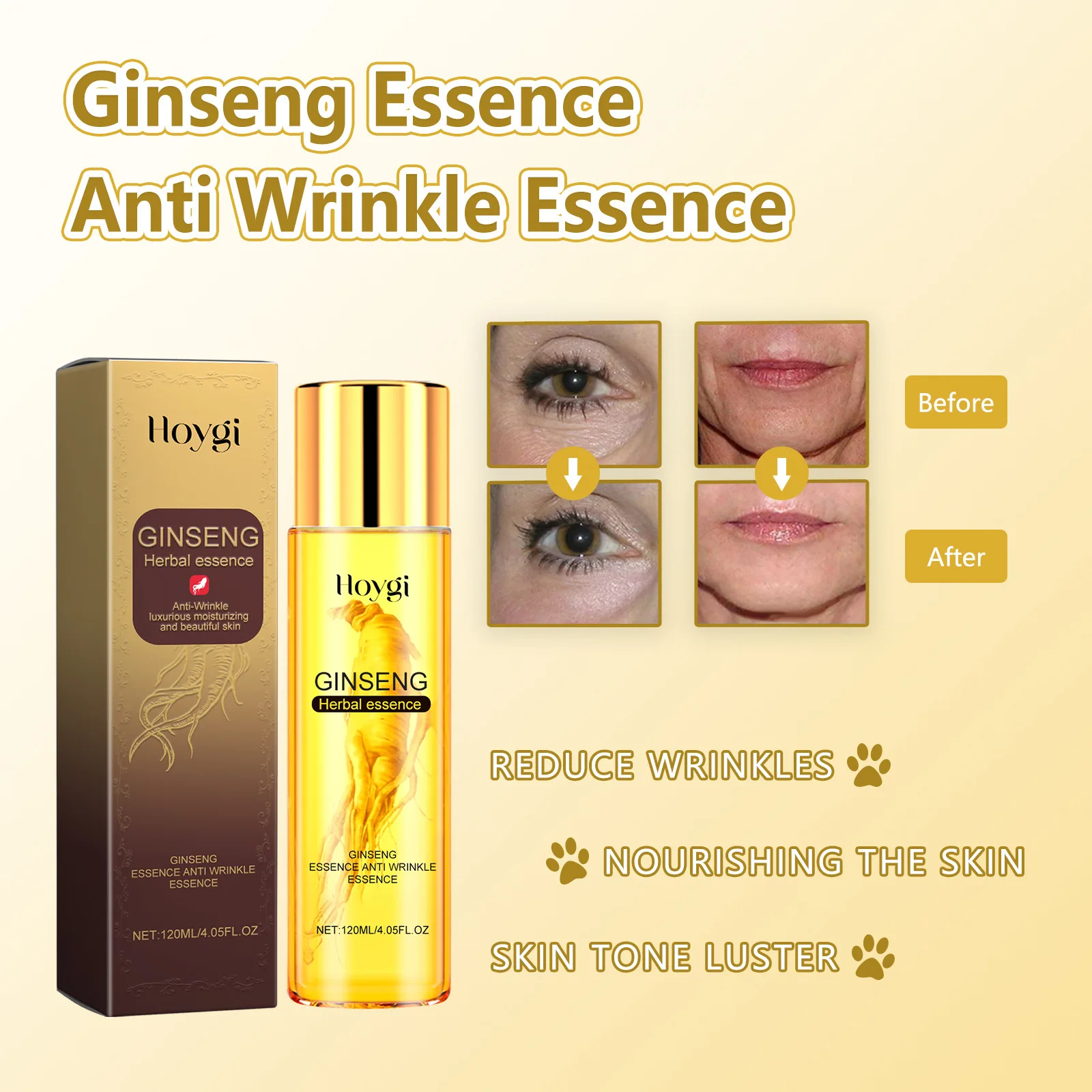 Hoygi 120ml Ginseng Anti Wrinkles Face Serum Fade Fine Lines Repair Face Dullness Hydration Brighten Moisturizing Facial Serum 2