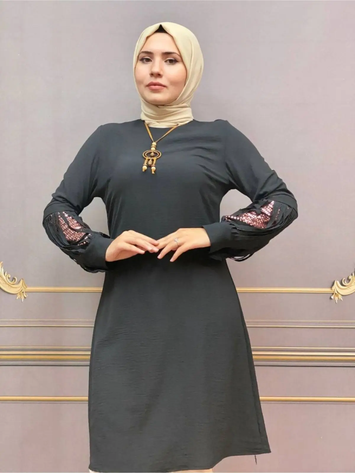 Sequin Detailed Tassel Sleeve Necklace Aerobin Tunic Unlined Long Sleeve Crew Neck 4 Seasons Women Muslim Fashion Hijab Clothing