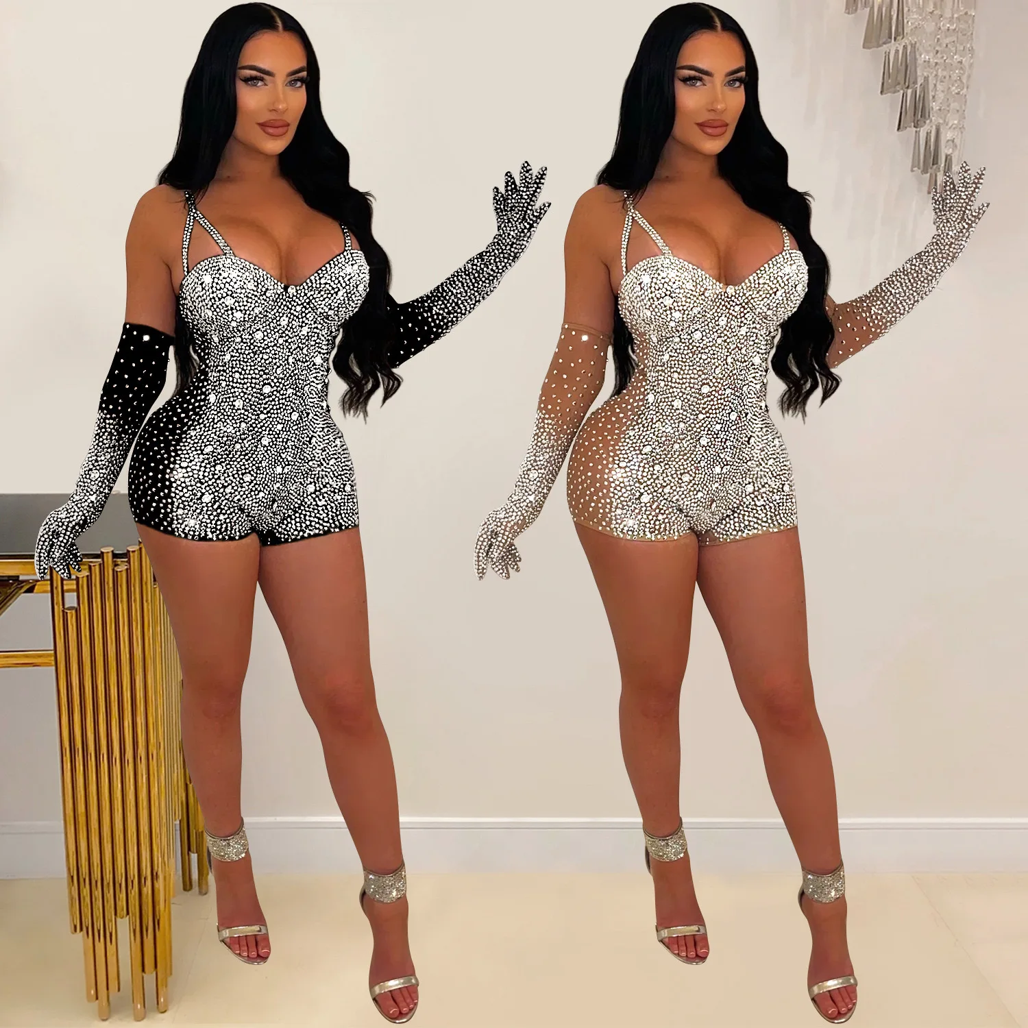 

Silver Rhinestones Crystals Gloves Rompers Birthday Celebrate Singer Performance Outfit Evening Black Nude Transparent Costume