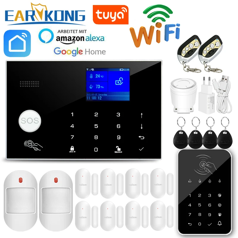 Tuya WiFi GSM Alarm System 433MHz Wireless Black Fashion Remote Keyboard Home Burglar Security Alarm RFID Temperature Humidity