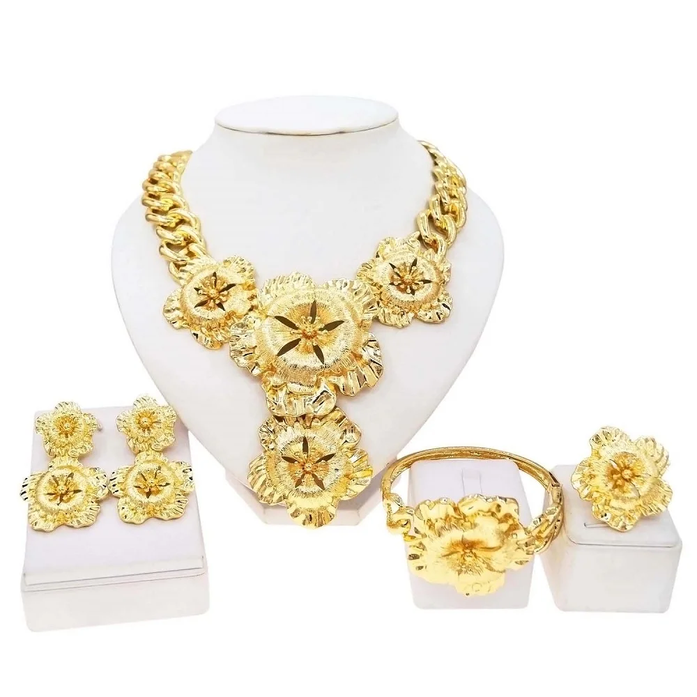Jewelry Set For Women Cuban Chain Necklace Gold Plated Flower Big Pendant Italian Gold Earrings Luxury Wedding Party Bijoux