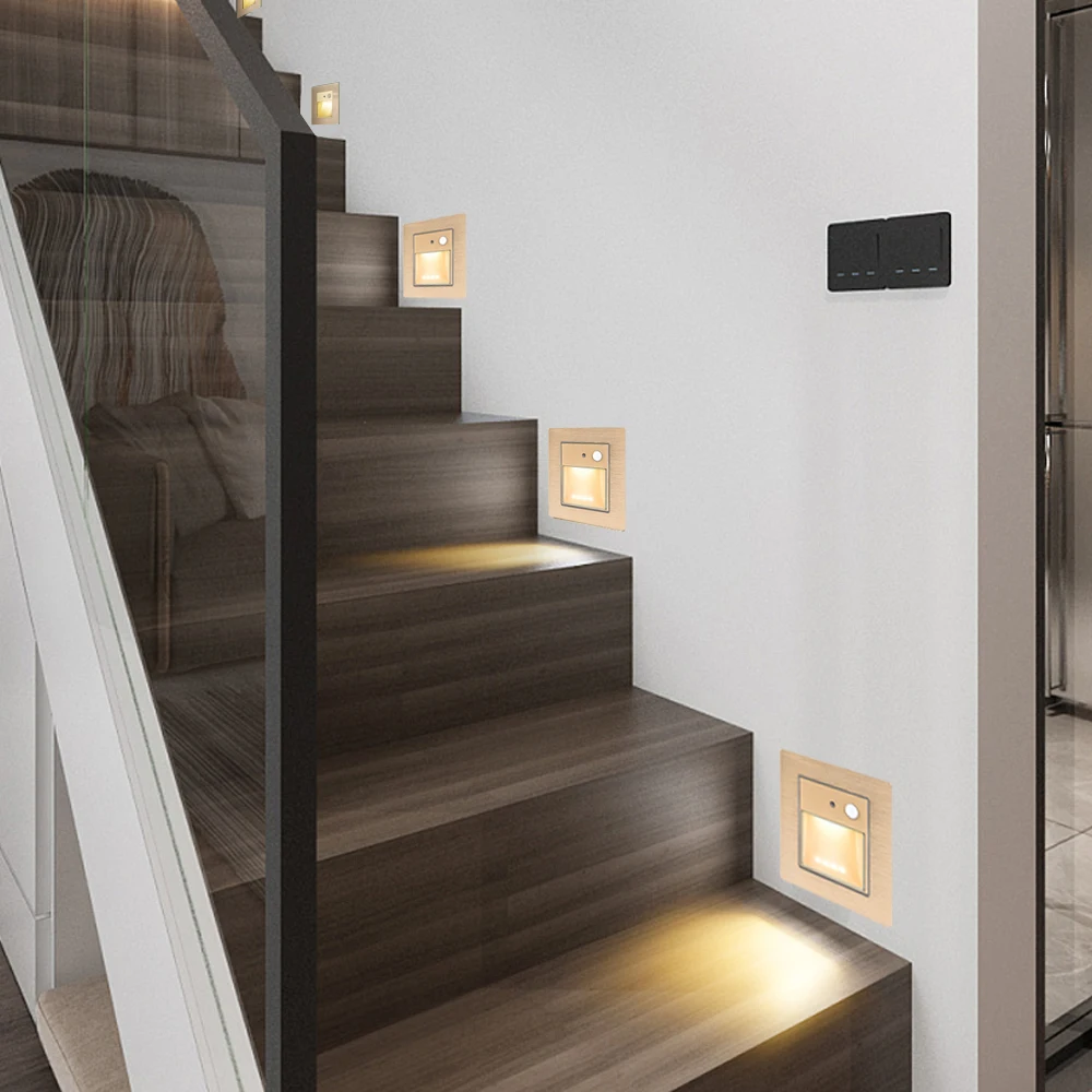 

Светильник настенный с PIR-датчиком движения для лестницы, Встраиваемый светодиодный светильник для стоп с матовым золотом, ночсветильник для фойе, кухни, коридора