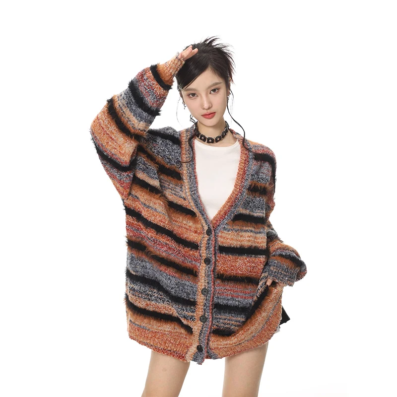 

Женский однобортный свитер в полоску, трикотажный Свободный кардиган в винтажном стиле с длинным рукавом и V-образным вырезом, зима 2023