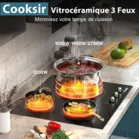 Cooksir Plauqe Vitrocéramique 3 Feux avec Boutons, Encastrable 60CM Table de Cuisson, Anneaux Intérieur et Extérieur, Chauffage Infrarouge, Überhitzungsschutz, Built-in, Sans Prise, 240V 2