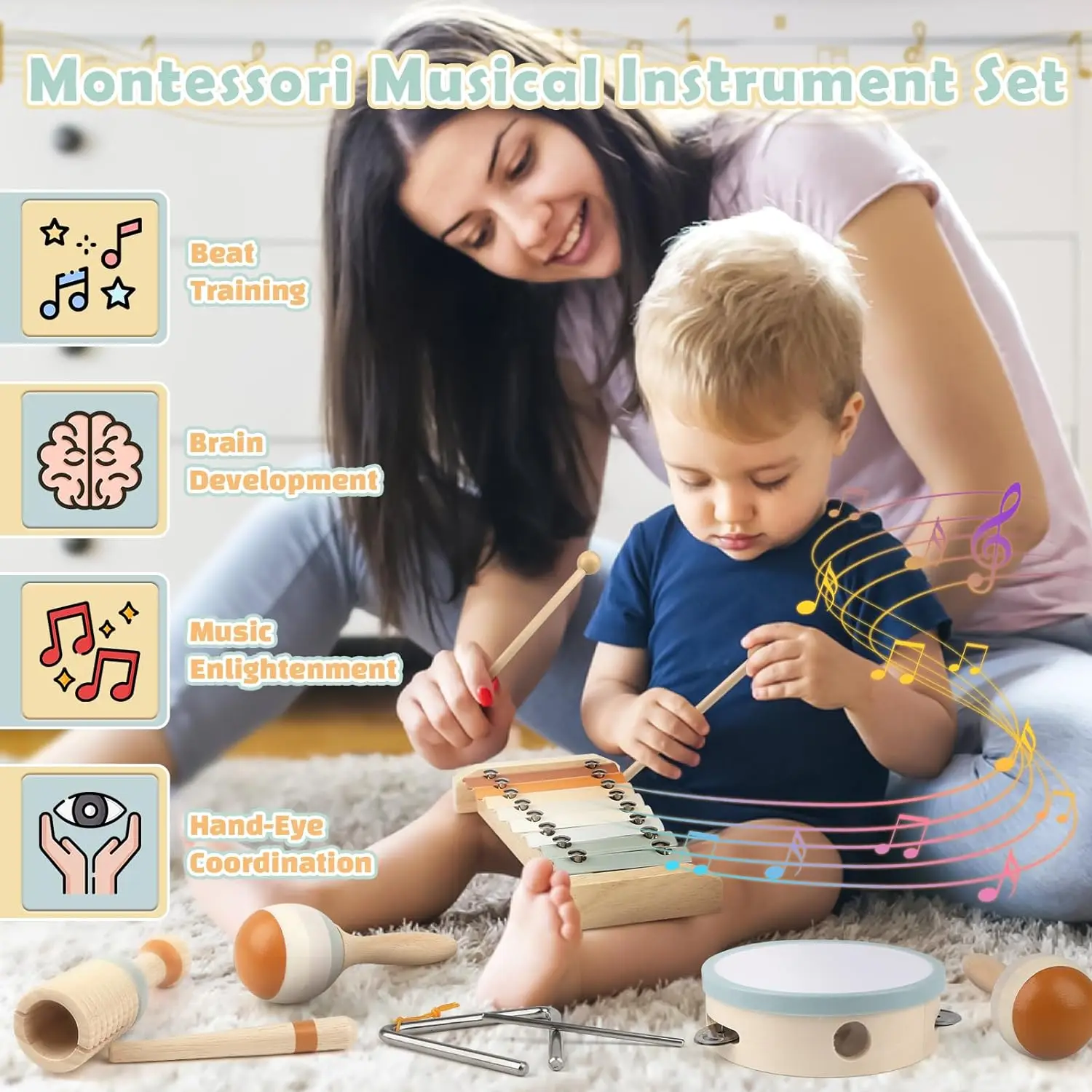 Baby Musical Instruments Montessori Wooden Toys,Percussion Xylophone Set for Toddlers,Preschool Educational Gifts 2