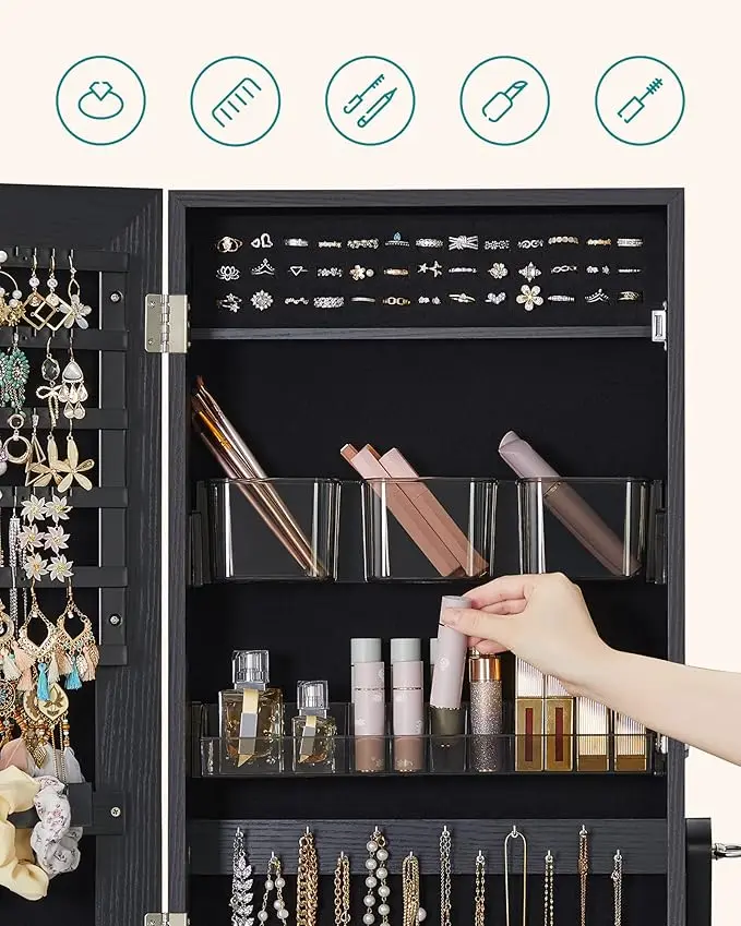 Freestanding jewelry cabinet with full-length mirror. Lockable storage with 2 cosmetic organizers 6