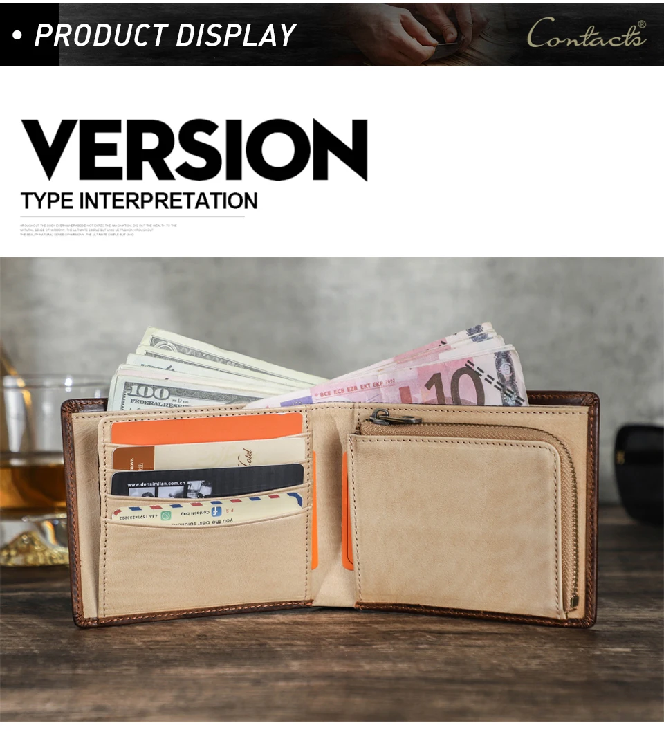 Kontakt Echt leder Männer Brieftasche kleine RFID Geldbörse Reiß verschluss Münz tasche männliche Bifold Brieftaschen mit Karten halter Geld Clutch – Detail 8