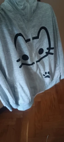 Cute Neko Print Gray Hoodie - Harajuku Aesthetic photo review
