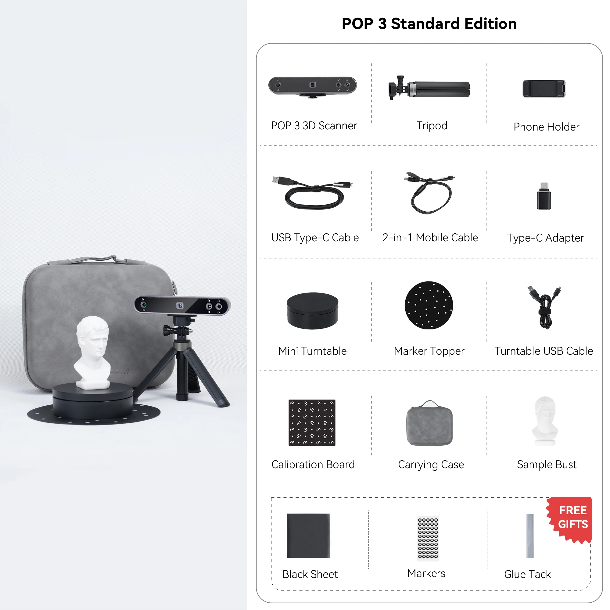 Revopoint 3D 프린터용 3D 스캐너, 휴대용 3D 스캐너 카메라, 컬러 스캔 표준, 0.05mm 고정밀, POP 3
