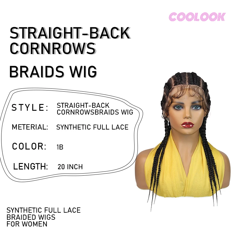 6 Feed-in Straight-Back Cornrow Braids Wig 20Inch Synthetic Full Lace Handmade Braiding Hair with Baby Hair for Black Women 3